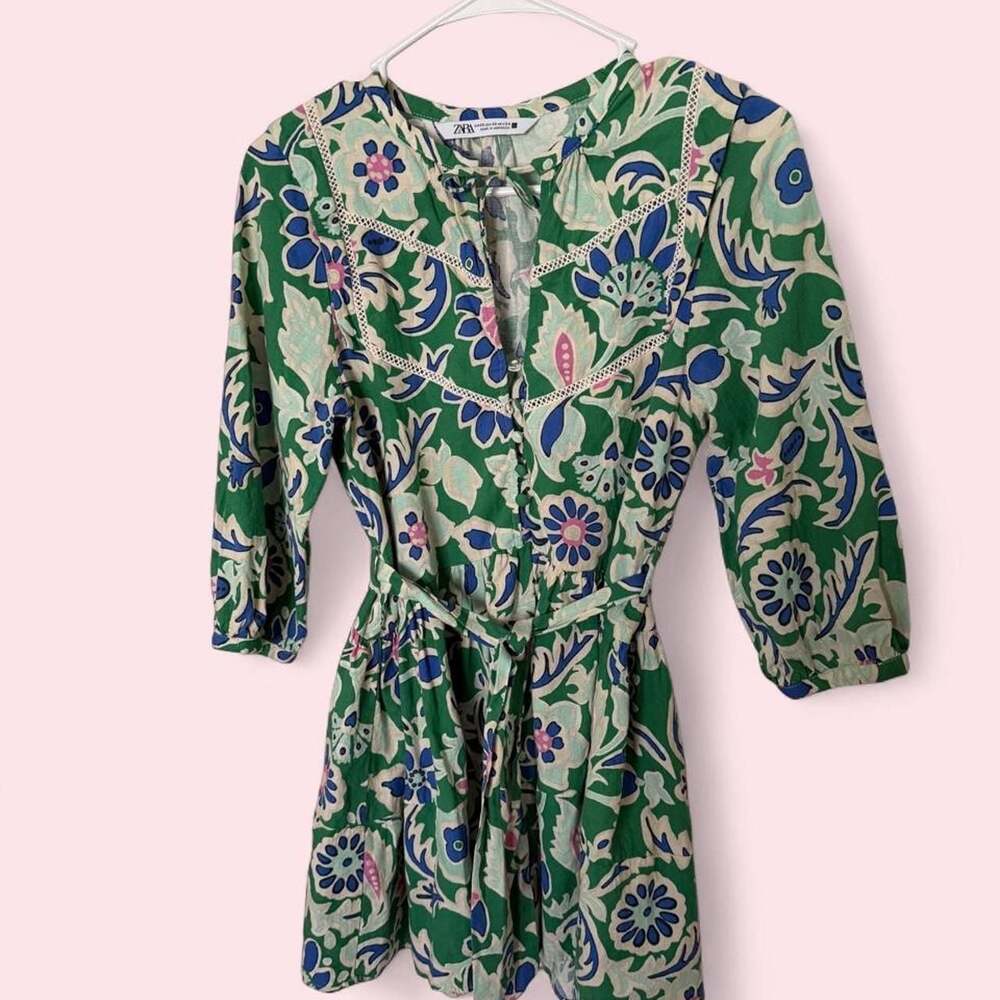 Zara Green Floral Print Mini Dress with Tie Belt